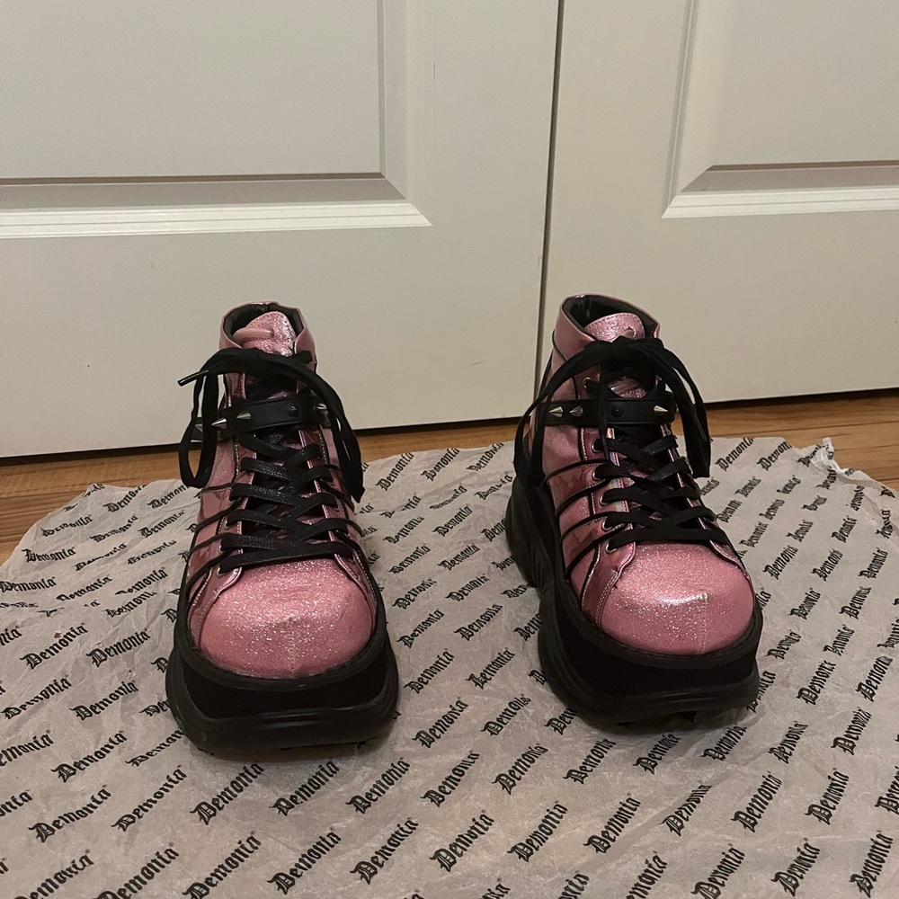 Demonia Pink and Black Platform Shoes